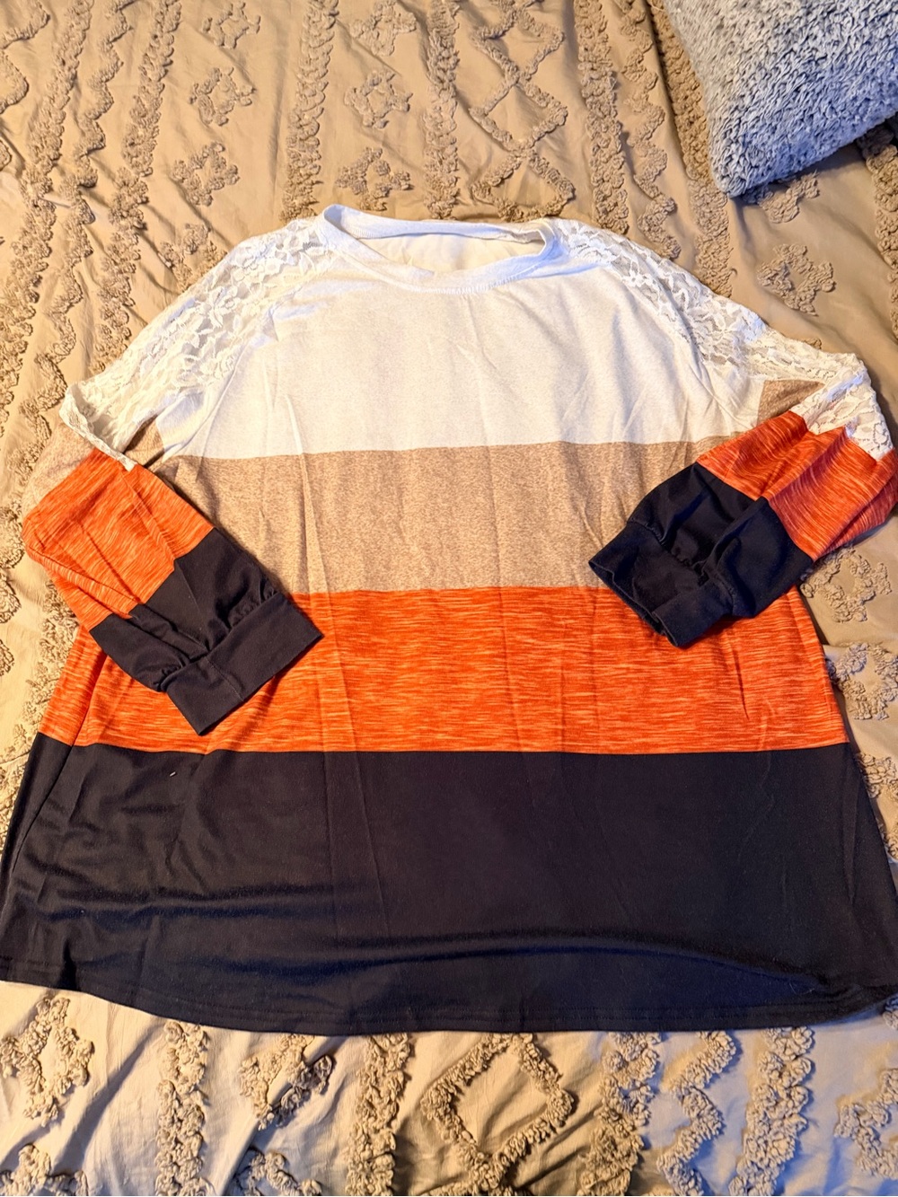 Women’s Colorblock Lace-Shoulder Long Sleeve Top - White, Tan, Orange, Navy